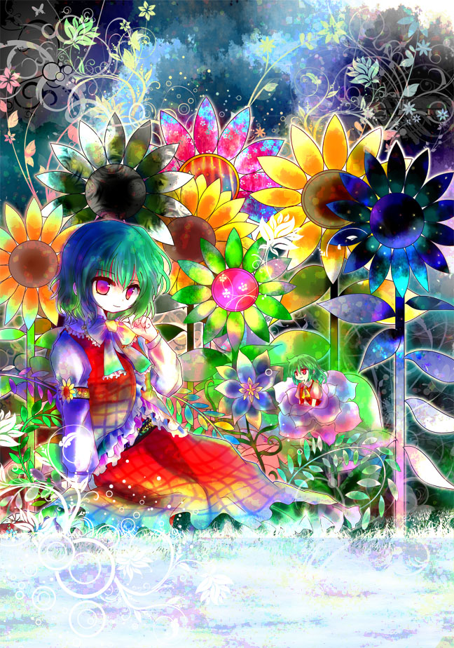 kazu (muchuukai), kazami yuuka, touhou, bad id, bad pixiv id, 2girls, alternate eye color, alternate hair color, ascot, chibi, collared shirt, colorful, dual persona, female focus, flower, frilled shirt, frills, full body, green flower, green hair, mini person, minigirl, multiple girls, parasol, plaid clothes, plaid skirt, plaid vest, red eyes, shaded face, shirt, short hair, sitting, skirt, skirt set, sunflower, umbrella, vest, wavy hair