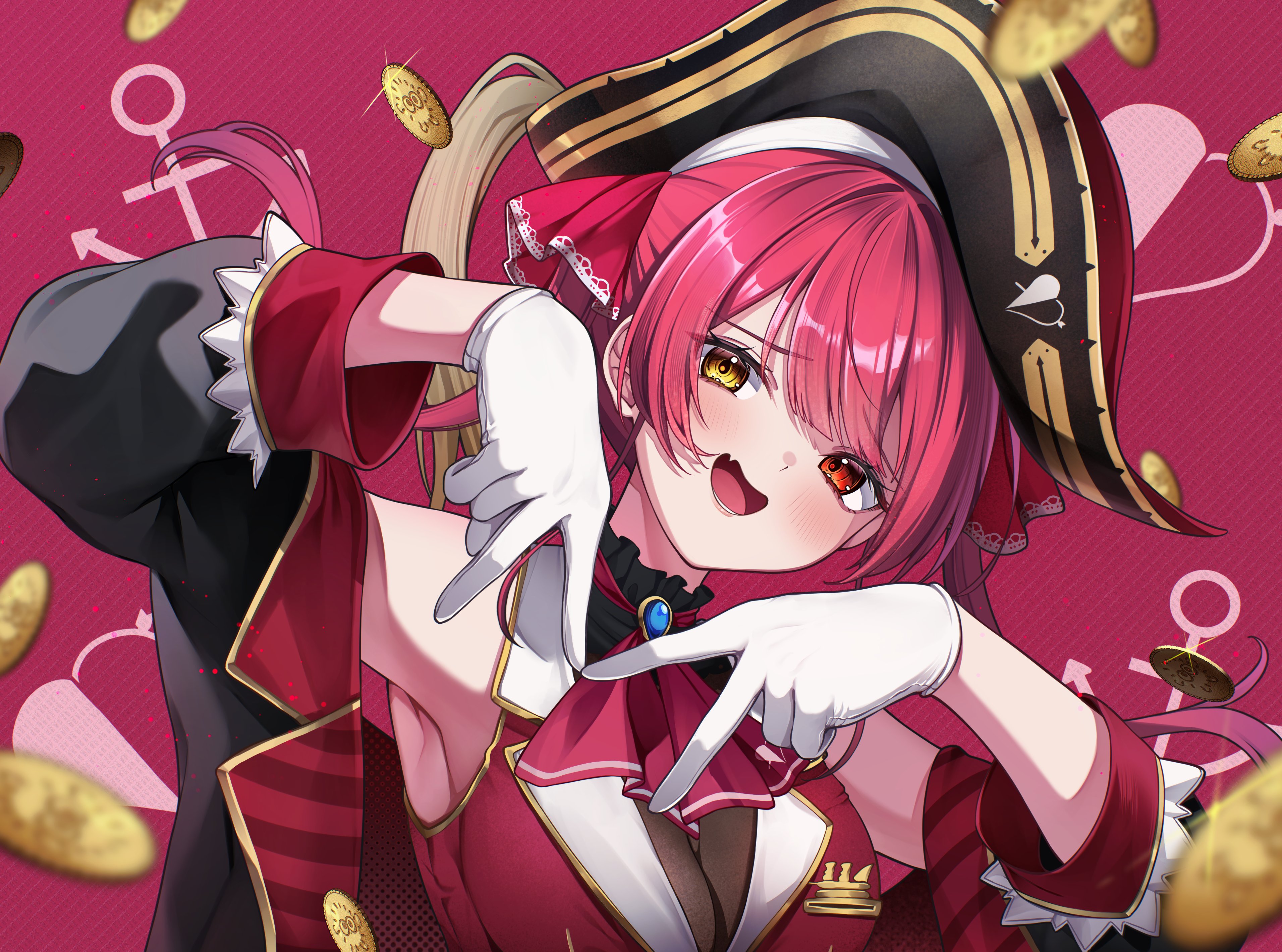 chameleon (chameleon0613), houshou marine, hololive, absurdres, highres, 1girl, armpits, breasts, cleavage, double v, fang, gloves, hands up, hat, heterochromia, long hair, long sleeves, looking at viewer, open mouth, pirate, pirate hat, red background, red eyes, red hair, sleeveless, smile, solo, upper body, v, virtual youtuber, white gloves, yellow eyes