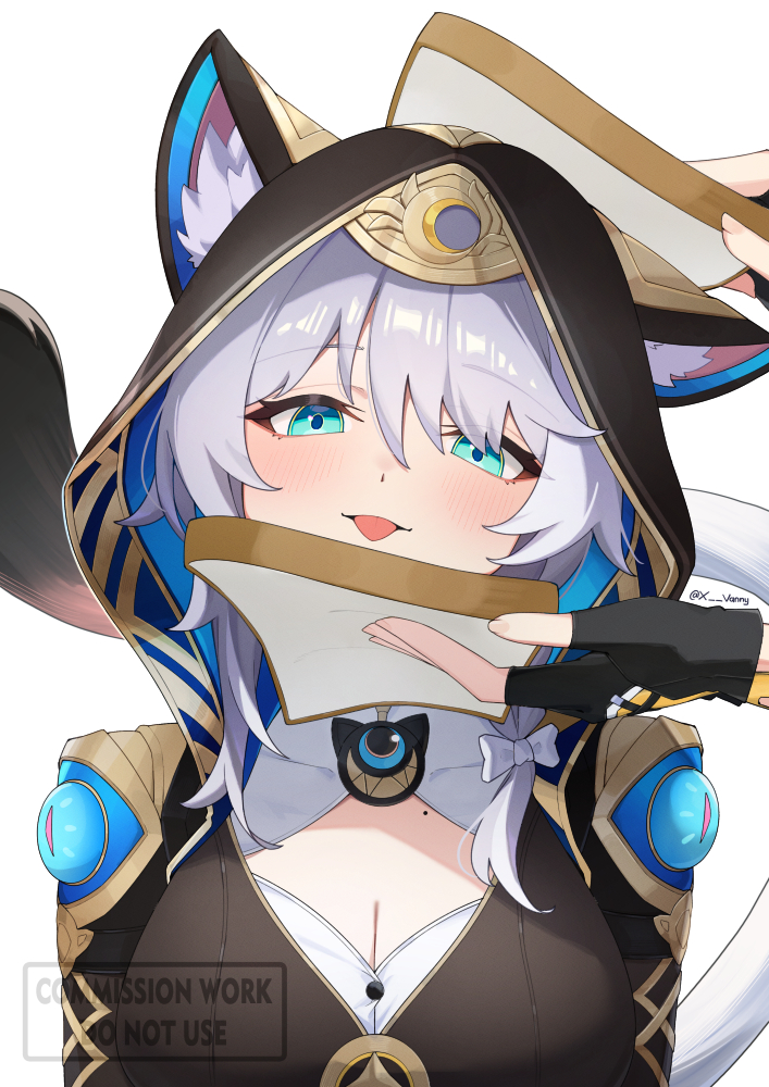 xsan vanny, caelus (honkai: star rail), cipher (honkai: star rail), trailblazer (honkai: star rail), honkai: star rail, honkai (series), 1boy, 1girl, :p, animal ear fluff, animal ears, animal hood, blue eyes, bow, bread, bread slice, breasts, buttons, cat ears, cat girl, cat hood, cat tail, charm (object), cleavage, fingerless gloves, food, gloves, grey hair, hair bow, hood, large breasts, leotard, looking at viewer, meme, mole, shirt, tail, tongue, tongue out, watermark, white streaks