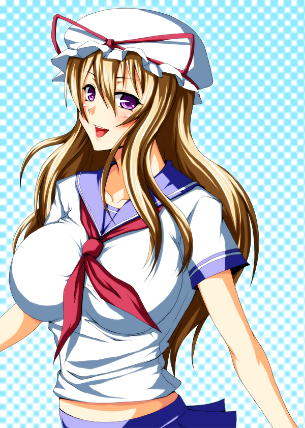 iwamoto eiri, yakumo yukari, touhou, bad id, bad pixiv id, 1girl, alternate costume, blonde hair, blush, breasts, female focus, halftone, halftone background, hat, huge breasts, long hair, purple eyes, school uniform, serafuku, skirt, solo