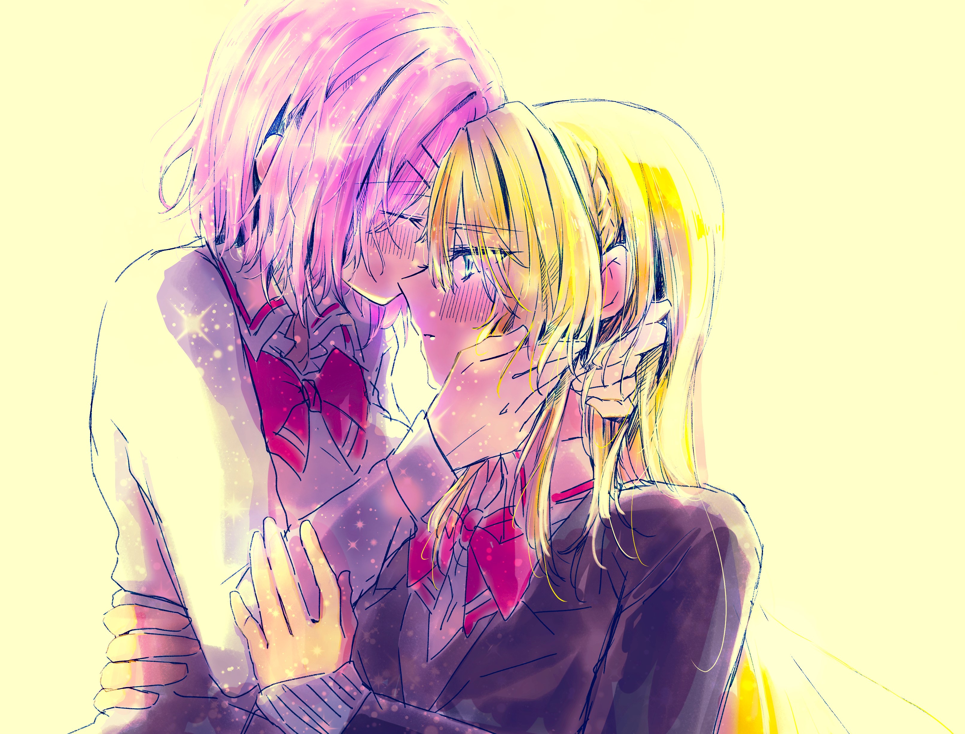 ao (aymr6215), amaori renako, ouzuka mai, watashi ga koibito ni nareru wake naijan murimuri!, absurdres, commentary request, highres, 2girls, black jacket, blonde hair, blue eyes, bow, bowtie, closed eyes, grey sweater, hair ornament, hairclip, jacket, long hair, multiple girls, parallel hairclips, pink hair, red bow, red bowtie, shirt, short hair, sweater, upper body, white shirt, yuri