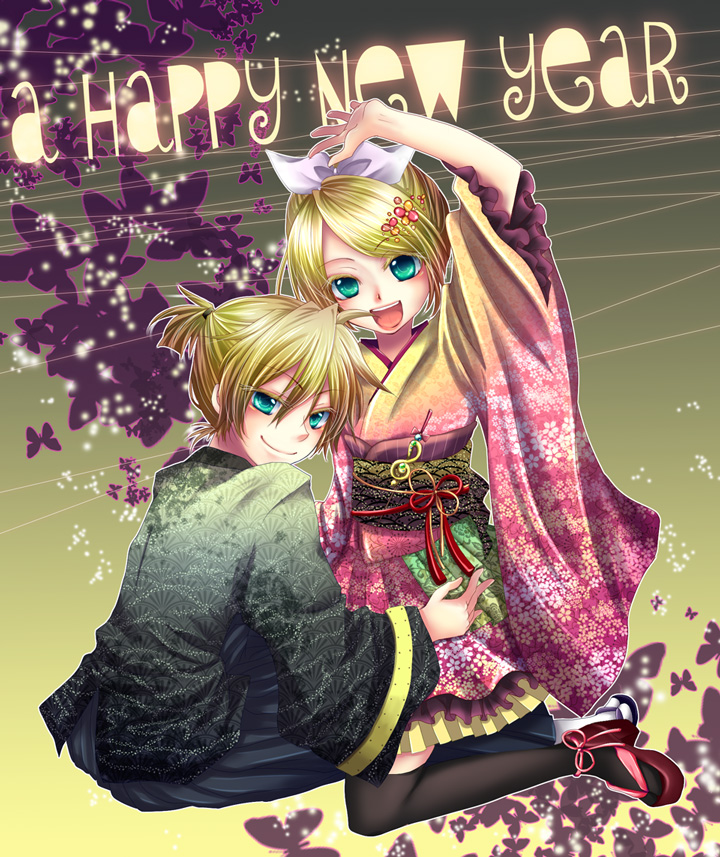 chirota, kagamine len, kagamine rin, vocaloid, bad id, bad pixiv id, 1boy, 1girl, blonde hair, brother and sister, green eyes, japanese clothes, kimono, new year, short hair, siblings, twins