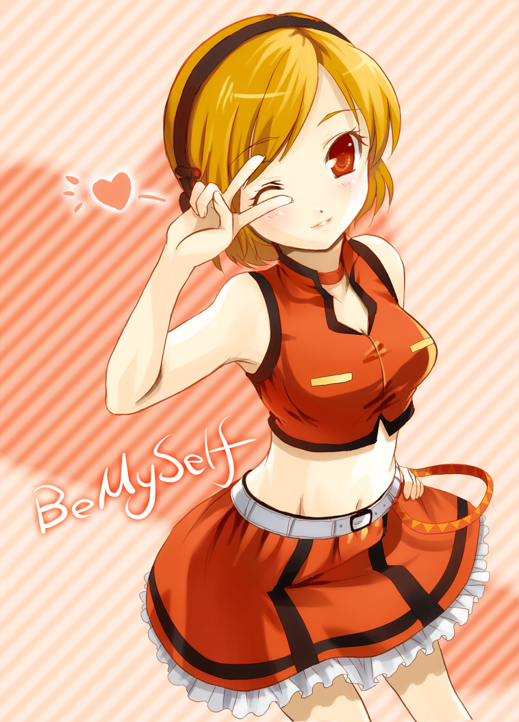 xiangtu, meiko (vocaloid), sakine meiko, vocaloid, bad id, bad pixiv id, 1girl, belt, blonde hair, choker, english text, female focus, hair ornament, hairband, hand on own hip, heart, midriff, miniskirt, navel, one eye closed, red eyes, short hair, skirt, smile, solo, standing, tank top, v, v over eye, wink