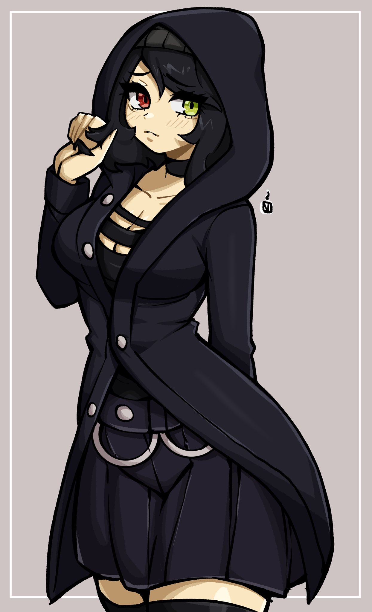 oninuer, original, commentary, commission, english commentary, highres, 1girl, black choker, black hair, black jacket, black skirt, breasts, choker, cleavage, closed mouth, cowboy shot, green eyes, grey background, hand up, heterochromia, hood, hood up, hooded jacket, inset border, jacket, large breasts, long sleeves, looking at viewer, miniskirt, parted bangs, red eyes, short hair, simple background, skirt, solo, twirling hair