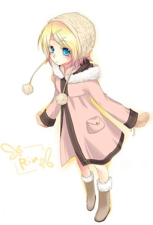 chirota, kagamine rin, vocaloid, bad id, bad pixiv id, blonde hair, blue eyes, boots, coat, hair ornament, hairclip, hood, mittens