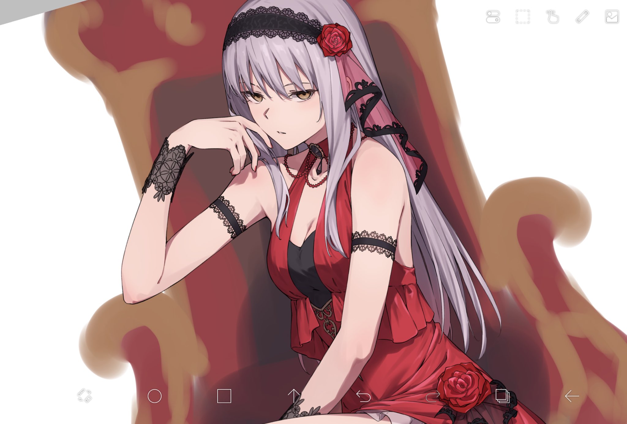 kanade (kanade 3344), minato yukina, bang dream!, screencap, highres, 1girl, armlet, art program in frame, breasts, brown eyes, chair, cleavage, dress, flower, grey hair, hair between eyes, hair flower, hair ornament, jewelry, long hair, medium breasts, parted lips, red dress, red flower, red rose, rose, sleeveless, sleeveless dress, solo