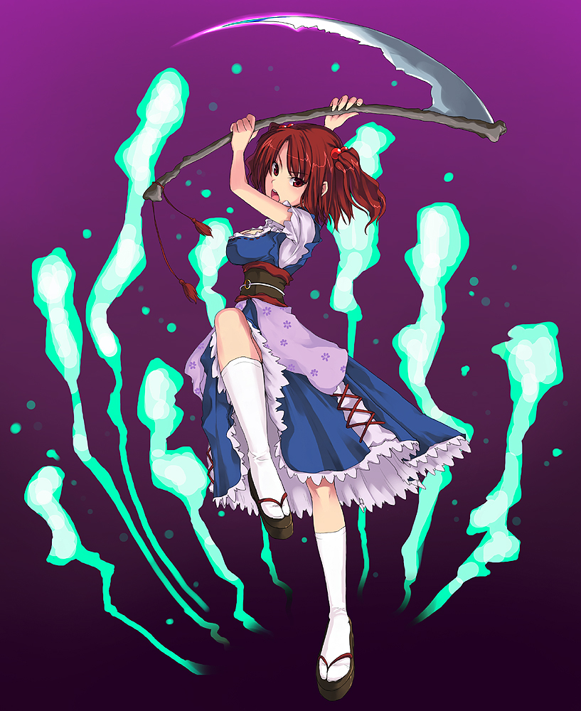 unasaka ryou, onozuka komachi, touhou, 1girl, clog sandals, female focus, full body, okobo, platform sandals, red eyes, red hair, sandals, scythe, short hair, solo, twintails, two side up