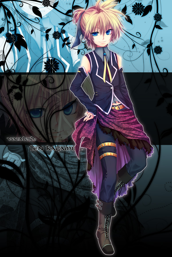 chirota, kagamine len, romeo to cinderella (vocaloid), vocaloid, bad id, bad pixiv id, 1boy, alternate costume, blonde hair, blue eyes, boots, detached sleeves, hand on own hip, hip focus, lace-up boots, male focus, short hair, solo