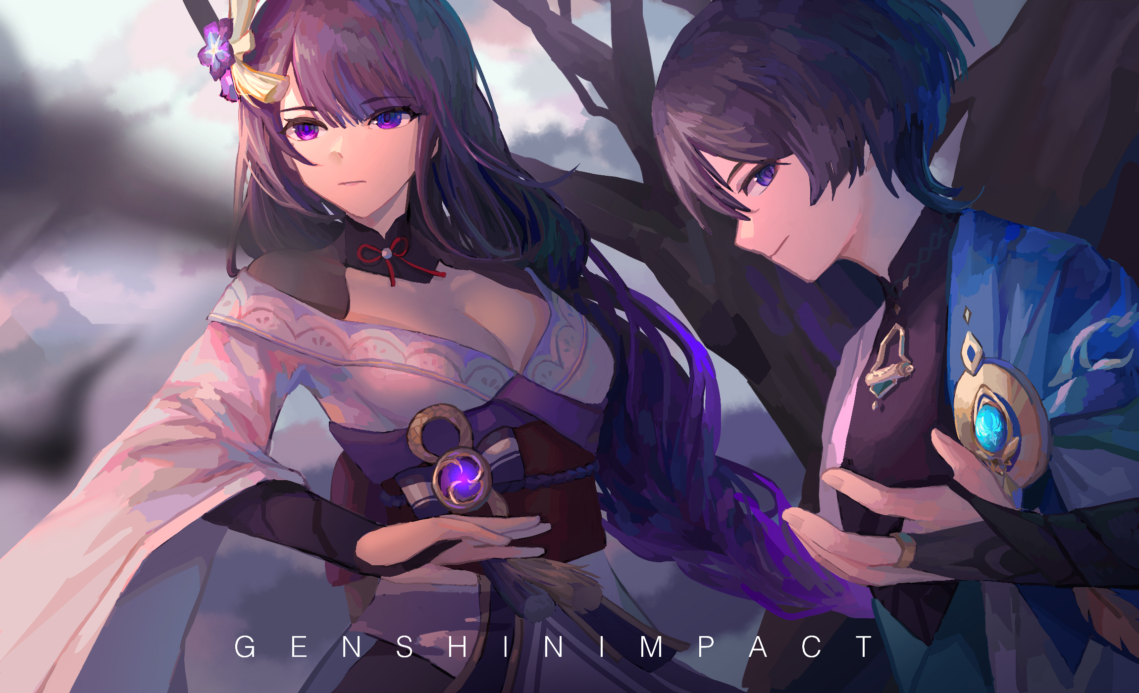 chuanshanjiajibingwan, raiden shogun, scaramouche (genshin impact), wanderer (genshin impact), genshin impact, chinese commentary, highres, 1boy, 1girl, arm up, asymmetrical sleeves, bare tree, black sash, blue eyes, blue hair, blunt bangs, blurry, blurry background, braid, breasts, bridal gauntlets, cleavage, closed mouth, collarbone, electro symbol (genshin impact), english text, flower ornament, from side, glowing, gradient hair, hair between eyes, hair ornament, japanese clothes, kimono, large breasts, light smile, long braid, looking at viewer, looking to the side, mole, mole under eye, mother and son, multicolored hair, neck ribbon, off shoulder, outdoors, purple eyes, purple hair, purple kimono, red ribbon, ribbon, sash, short hair, single braid, sky, standing, tree, uneven sleeves, upper body, wide sleeves