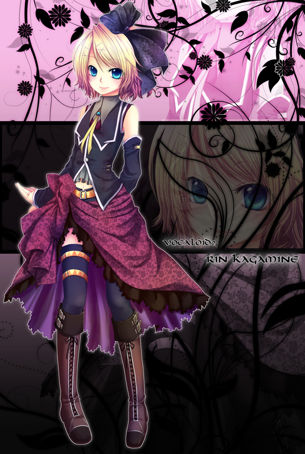 chirota, kagamine rin, romeo to cinderella (vocaloid), vocaloid, bad id, bad pixiv id, 1girl, blonde hair, blue eyes, boots, detached sleeves, female focus, hair ribbon, ribbon, short hair, solo, thighhighs