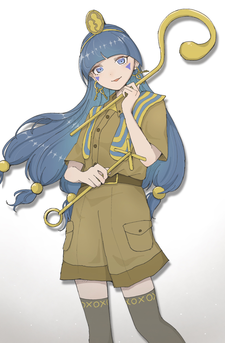 hiratose02 (mxx 459), michigami nareko, fossilized wonders, touhou, 1girl, blue eyes, blue hair, blunt bangs, brown shirt, brown shorts, earrings, facial mark, gold, gold hairband, gold headdress, gold headwear, hair ornament, hairband, holding, holding scepter, jewelry, key earrings, long hair, low-tied long hair, scepter, shirt, shorts, solo, sphere hair ornament, thighhighs, triangle, triangle facial mark, usekh collar