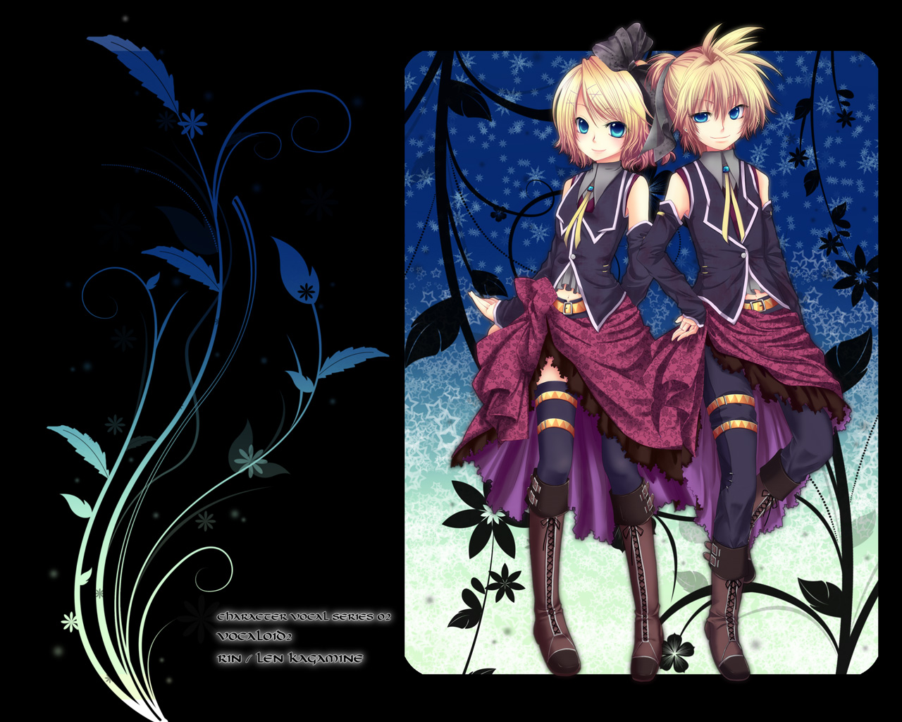 chirota, kagamine len, kagamine rin, romeo to cinderella (vocaloid), vocaloid, bad id, bad pixiv id, 1boy, 1girl, blonde hair, blue eyes, boots, brother and sister, detached sleeves, hand on own hip, hip focus, short hair, siblings, twins