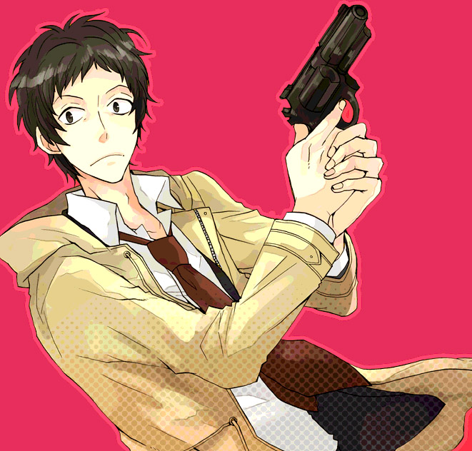 sudachips, adachi tooru, atlus, persona, persona 4, bad id, bad pixiv id, black hair, gun, male focus, necktie, short hair, solo, weapon