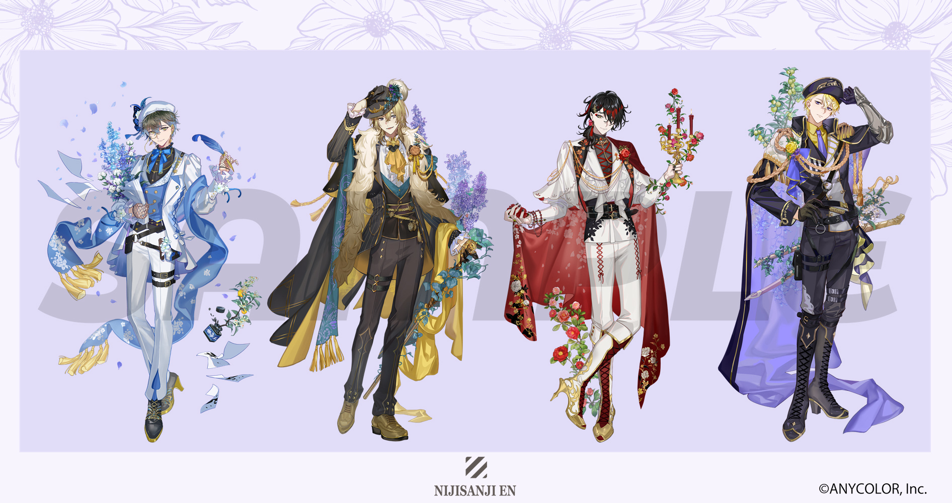 hitokoto, plumeria, ike eveland, luca kaneshiro, sonny brisko, vox akuma, nijisanji, nijisanji en, highres, official art, aiguillette, alternate costume, aqua shawl, argyle clothes, arm guards, ascot, bead bracelet, beads, belt, belt buckle, belt charm, belt pouch, beret, black belt, black boots, black cape, black gloves, black hair, black hat, black jacket, black nails, black pants, black shirt, black suit, black vest, blonde hair, blue flower, blue ribbon, blue shawl, blue vest, book, book holster, boots, border, bouquet, bracelet, branch, brown belt, brown shoes, buckle, butterfly hat ornament, buttons, camellia, candelabra, candle, candlestand, cane, cape, center frills, charm (object), closed mouth, collared cape, collared shirt, colored lapels, copyright name, copyright notice, corsage, cotton boll, cropped jacket, cross-laced clothes, cross-laced pants, cross-laced top, crown hat, double-breasted, dress shirt, ear covers, earrings, epaulettes, eyeshadow, falling petals, feather boa, fedora, fishnet gloves, fishnets, floral print, flower, flying paper, fold-over boots, food, formal clothes, frilled shirt collar, frilled sleeves, frills, fringe trim, fruit, full body, gloves, gold necklace, grey jacket, hair behind ear, hair between eyes, hair flower, hair ornament, hair over shoulder, hairclip, half gloves, hand on headwear, hand on own hip, hand up, hat, hat feather, hat flower, hat ornament, hat ribbon, high heel boots, high heels, holding, holding bouquet, holding candlestand, holding cane, holding flower, holding quill, ink, ink splatter, inkwell, jacket, jasmine (flower), jewelry, juniper tree, knee boots, lace-up boots, lapels, leg belt, lemon, lemon blossoms, lilac, lineup, long sleeves, looking at viewer, low ponytail, makeup, male focus, medium hair, mole, mole on neck, monocle, multicolored boots, multicolored hair, multicolored jacket, multiple belts, multiple rings, multiple swords, neck ribbon, necklace, necktie, notched lapels, o-ring, o-ring belt, o-ring thigh strap, open clothes, open jacket, oxfords, pants, pants tucked in, paper, peaked cap, pepper (spice), petals, pink flower, pink rose, pinstripe jacket, pinstripe pattern, plant, plum, ponytail, pouch, purple background, purple cape, purple eyes, purple flower, purple necktie, purple ribbon, quill, red boots, red cape, red eyeshadow, red flower, red hair, red rose, ribbon, ring, rose, sam browne belt, sample watermark, shawl, sheath, sheathed, shirt, shoes, short hair, side cape, simple background, single earring, sleeve cuffs, sleeves past wrists, smile, standing, stiletto heels, stole, streaked hair, suit, suit jacket, sweater guard, tassel, tassel earrings, thigh belt, thigh pouch, thigh strap, turtleneck, turtleneck shirt, two-sided cape, two-sided fabric, two-tone boots, two-tone jacket, vest, vines, virtual youtuber, watermark, white boots, white border, white flower, white hat, white jacket, white pants, white shirt, white suit, wrist flower, yellow ascot, yellow cape, yellow eyes, yellow flower, yellow ribbon, yellow rose, yellow shawl, yellow shirt