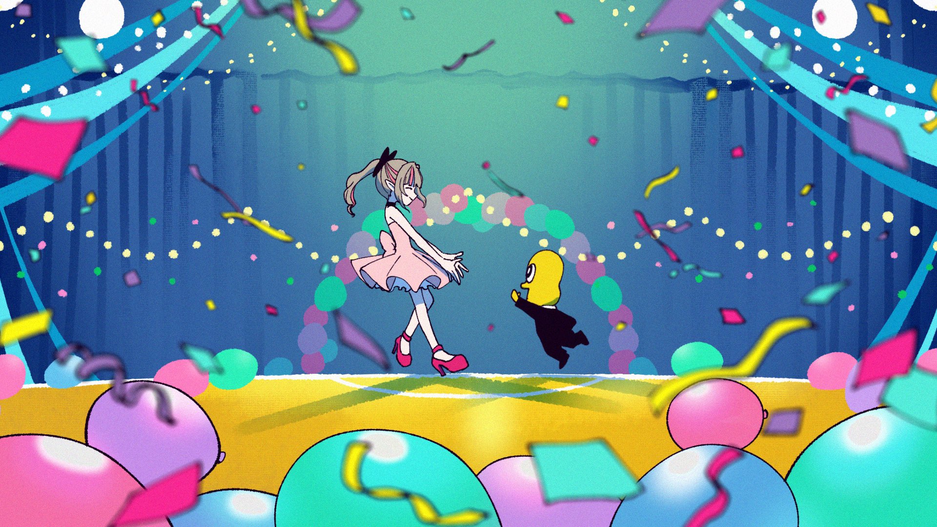 makaino ririmu, peanuts-kun, mode aim, nijisanji, highres, official art, 1boy, 1girl, balloon, confetti, decorations, dress, formal clothes, grey hair, highleg, komazaki tomomi, multicolored hair, party, pink dress, pink hair, ponytail, smile, suit, two-tone hair
