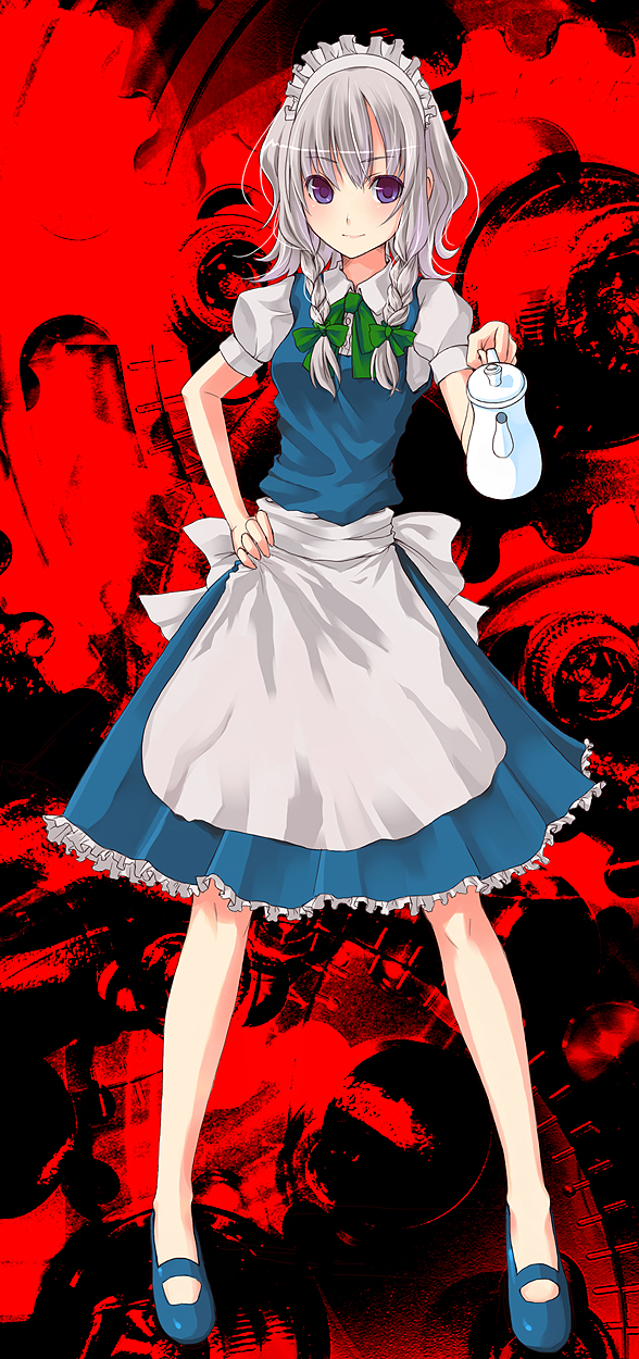 unasaka ryou, izayoi sakuya, touhou, silver hair, highres, 1girl, blue eyes, braid, dress, female focus, full body, hairband, maid, short hair, solo, teapot, twin braids