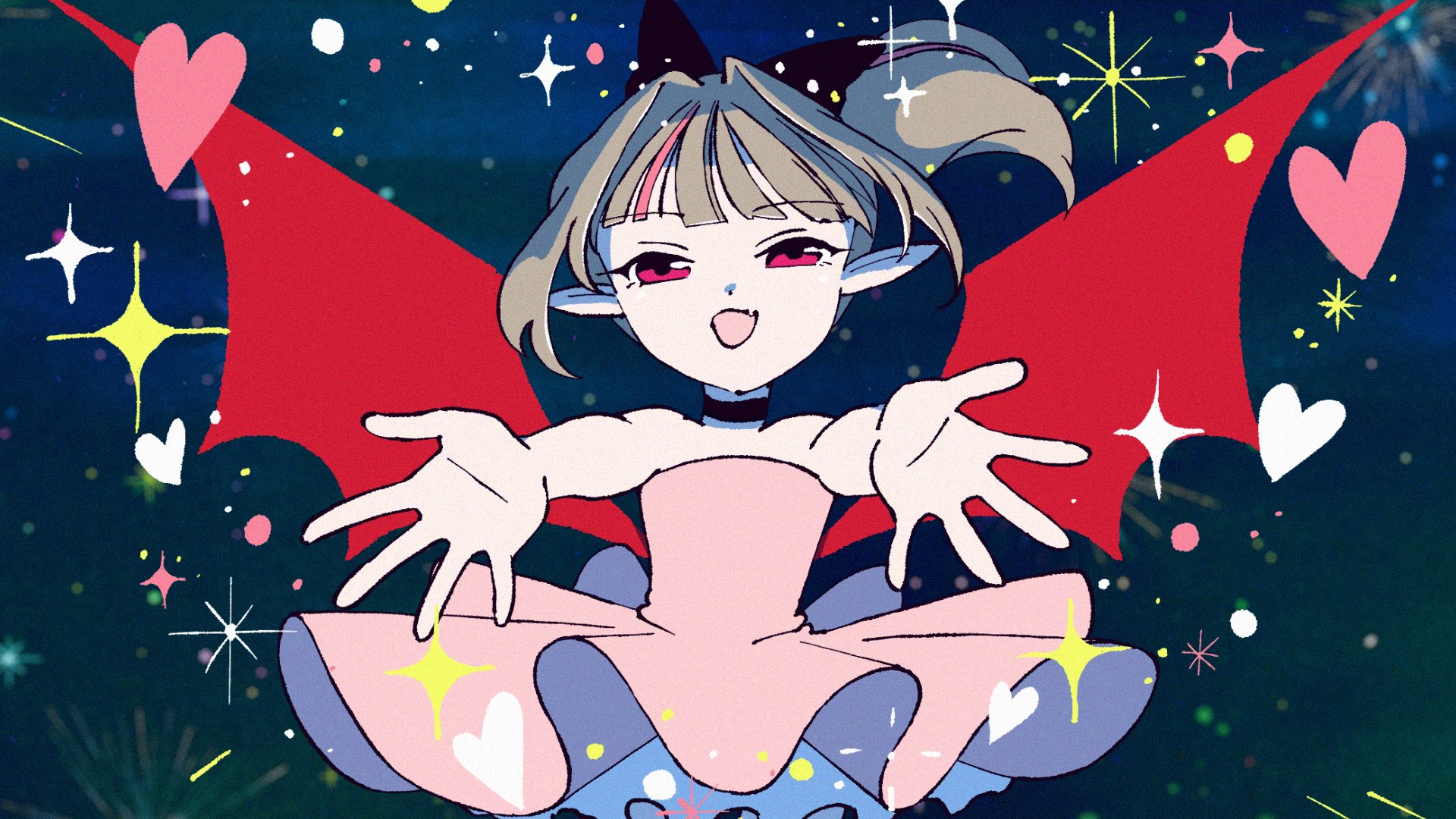 makaino ririmu, nijisanji, highres, official art, 1girl, choker, dress, heart, komazaki tomomi, long hair, multicolored hair, night, pink dress, pink eyes, pink hair, pointy ears, ponytail, reaching, reaching towards viewer, smile, solo, sparkle, two-tone hair, wings