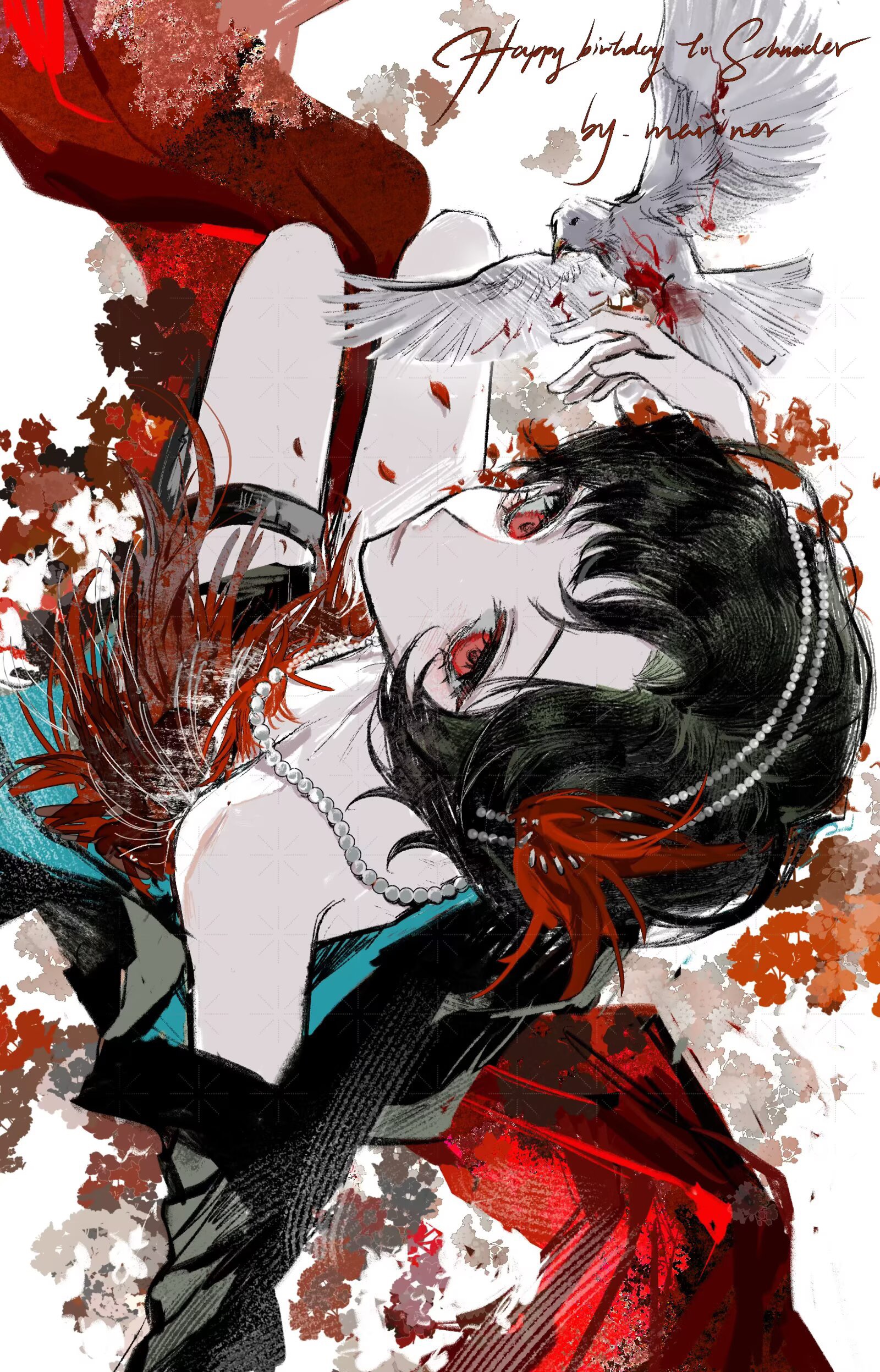 e666lofter4, schneider (reverse:1999), reverse:1999, absurdres, highres, 1girl, bird, bird on hand, black coat, black hair, blood, coat, dove, dress, feather dress, feather hair ornament, feathers, flower, hair ornament, jewelry, looking at viewer, necklace, open clothes, open coat, patterned background, pearl necklace, red eyes, red flower, short hair, simple background, sitting, solo, white background