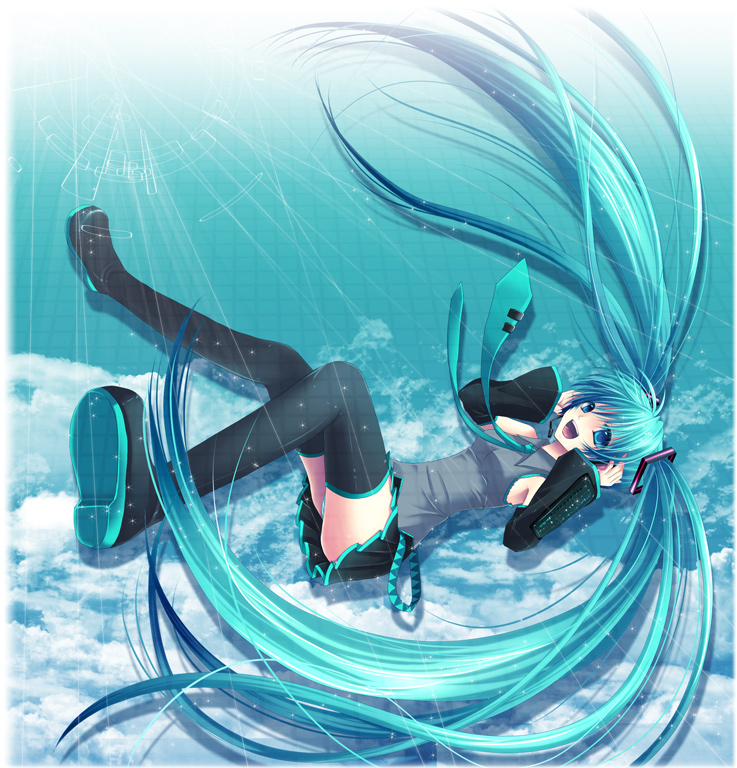 chirota, hatsune miku, vocaloid, bad id, bad pixiv id, 1girl, aqua hair, black thighhighs, blue eyes, boots, detached sleeves, falling, female focus, foreshortening, hair ornament, headset, long hair, miniskirt, necktie, open mouth, panties, pantyshot, pleated skirt, skirt, smile, solo, thigh boots, thighhighs, twintails, underwear, very long hair, zettai ryouiki