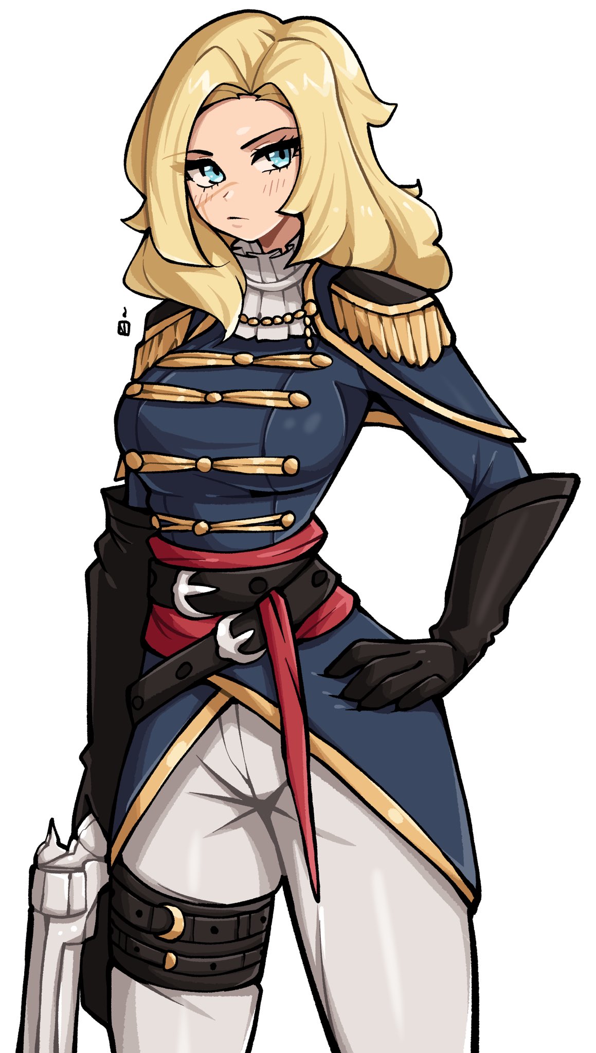 oninuer, original, commentary, commission, english commentary, highres, 1girl, belt, belt buckle, black belt, black gloves, blonde hair, blue eyes, blue jacket, breasts, buckle, closed mouth, cowboy shot, epaulettes, gloves, gun, hand on own hip, holding, holding gun, holding weapon, jacket, long hair, long sleeves, looking at viewer, medium breasts, pants, parted hair, scar, scar on face, simple background, solo, weapon, white background, white pants