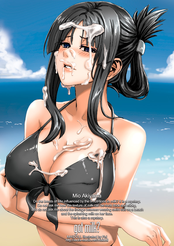 fei (maidoll), akiyama mio, k-on!, breast hold, md5 mismatch, 1girl, aged up, beach, bikini, black bikini, black hair, blue eyes, blush, breasts, bukkake, cleavage, clothed sex, cum, cum on body, cum on breasts, cum on hair, cum on upper body, day, english text, engrish text, facial, female focus, large breasts, long hair, ocean, outdoors, parody, ranguage, sky, solo, swimsuit, water