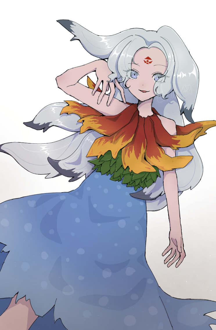 hiratose02 (mxx 459), houjuu chimi, fossilized wonders, touhou, 1girl, bare shoulders, blue dress, colored tips, dress, facial mark, feather capelet, feathers, forehead mark, forehead tattoo, fringe-trimmed capelet, gradient feathers, green leaf, grey eyes, grey hair, leaf clothing, leaf shirt, long hair, multicolored hair, red feathers, solo, tattoo