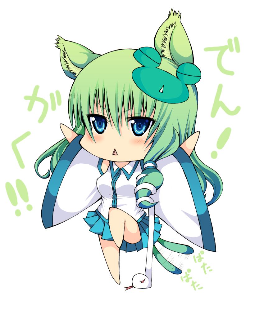 daive, kochiya sanae, touhou, 1girl, :<, animal ears, blue eyes, blush, cat ears, cat girl, cat tail, chibi, detached sleeves, female focus, frog, green hair, hair ornament, kemonomimi mode, open mouth, simple background, snake, solo, tail