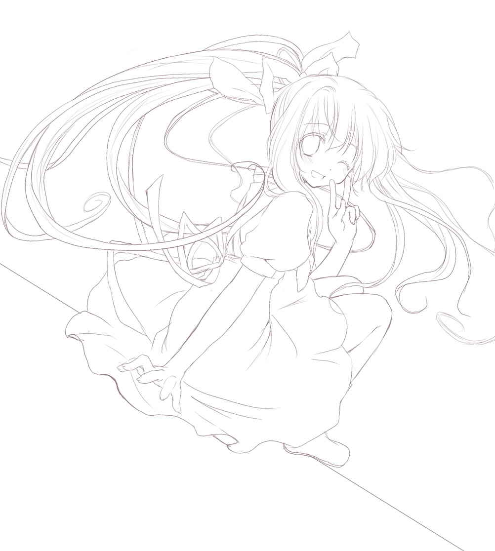 kayune niu, kayuumi, kamio misuzu, air (visual novel), 00s, greyscale, hair ribbon, lineart, long hair, looking back, monochrome, one eye closed, ponytail, ribbon, school uniform, solo, v, very long hair, wink