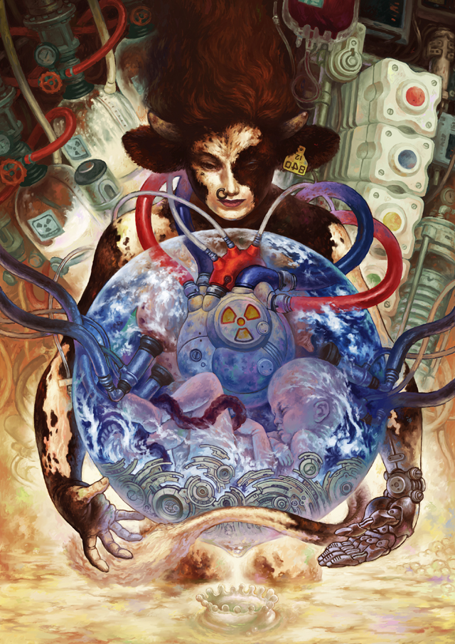 mitsuru, original, baby, cow, cyberpunk, cyborg, earth (planet), face piercing, gears, heart, horns, machine, nose piercing, nose ring, piercing, planet