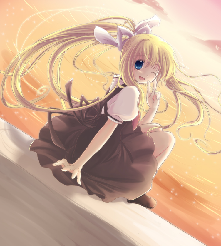 chirota, kamio misuzu, air (visual novel), bad id, bad pixiv id, 00s, blonde hair, blue eyes, hair ribbon, long hair, looking back, one eye closed, ponytail, ribbon, school uniform, solo, v, very long hair, wink