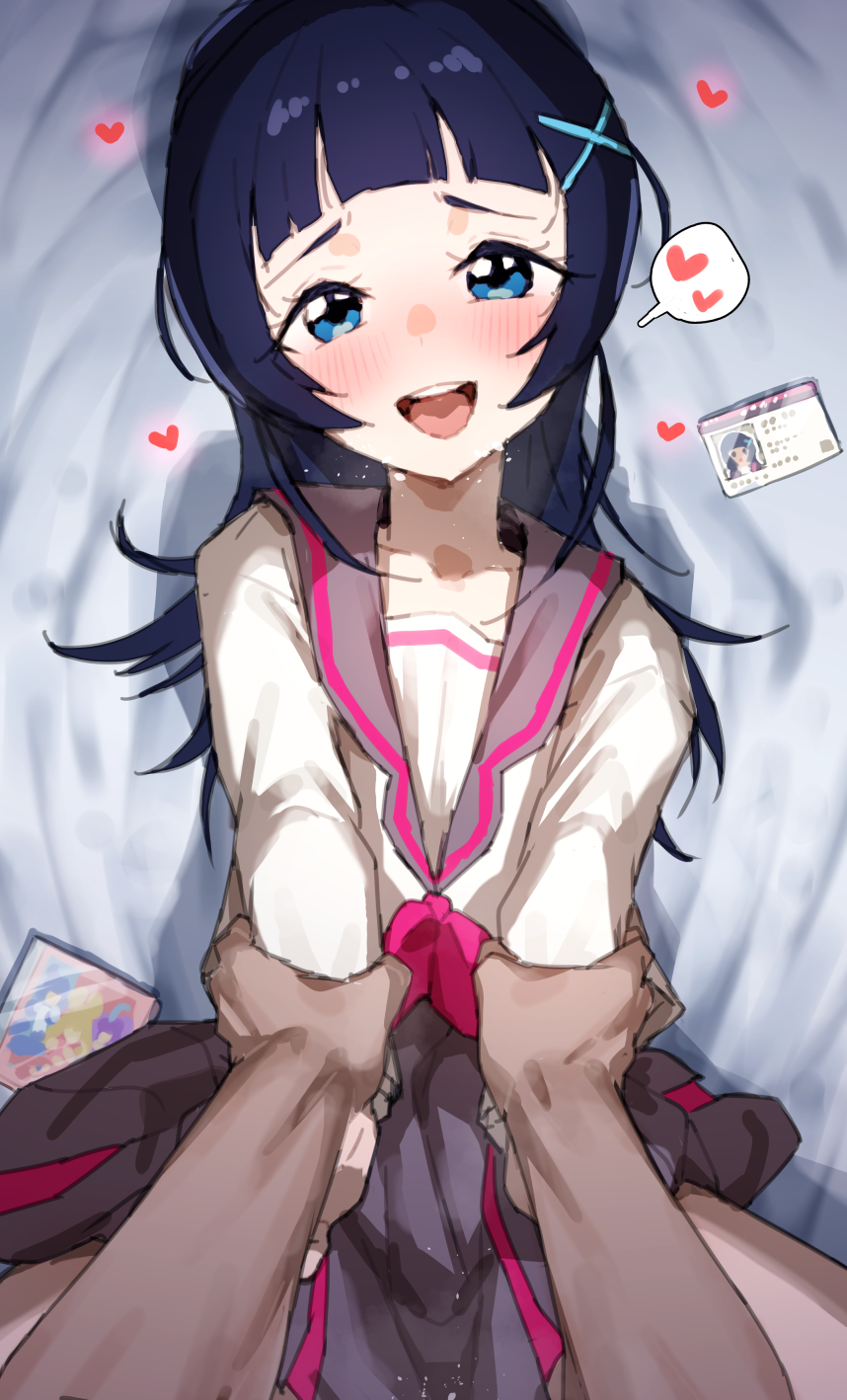 mo (boo1719501boo), aokaze nana, kimi to idol precure, precure, commentary request, highres, 1boy, 1girl, bed sheet, blue eyes, blue hair, blush, bow, bowtie, furrowed brow, grabbing another's arm, grey sailor collar, grey skirt, hair ornament, hanamichi middle school uniform, heart, implied sex, long hair, long sleeves, looking at viewer, lying, on back, open mouth, pink bow, pink bowtie, pov, pov hands, sailor collar, school uniform, shirt, skirt, solo focus, spoken heart, teeth, upper teeth only, white shirt, x hair ornament