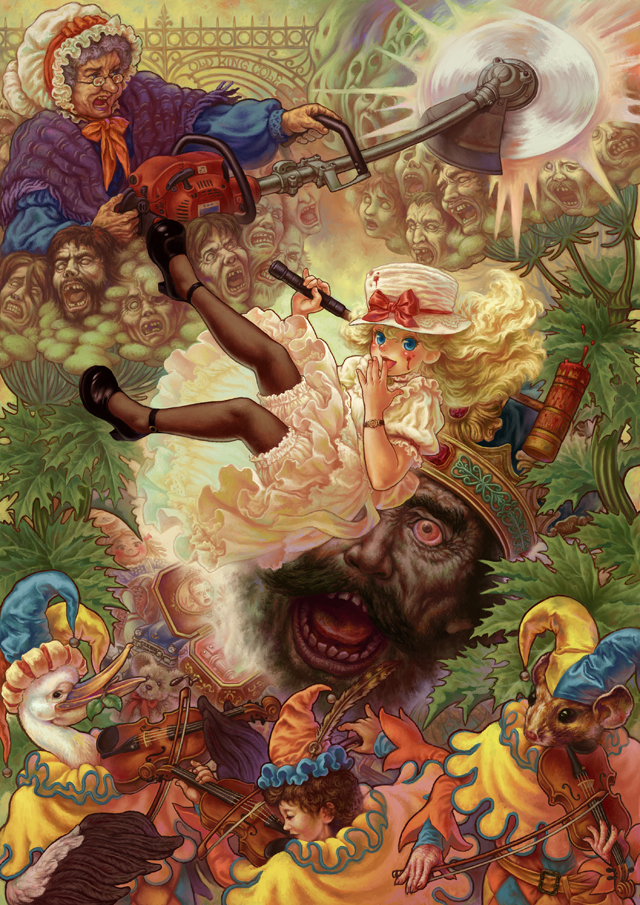 mitsuru, original, 2girls, 6+boys, bird, blonde hair, blood, blue eyes, blush, crown, hair clipper, hammer, hat, instrument, licking, licking finger, mary janes, mouse (animal), multiple boys, multiple girls, old, old woman, pantyhose, pelican, ragweed, shoes, surreal, violin, what