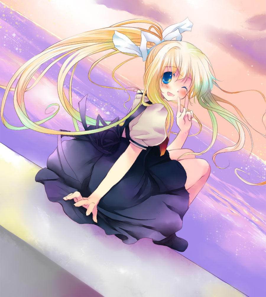 misaki kozue, kamio misuzu, air (visual novel), 00s, 1girl, blonde hair, blue eyes, female focus, hair ribbon, long hair, looking back, ocean, one eye closed, outdoors, ponytail, ribbon, school uniform, sky, solo, v, very long hair, water, wink