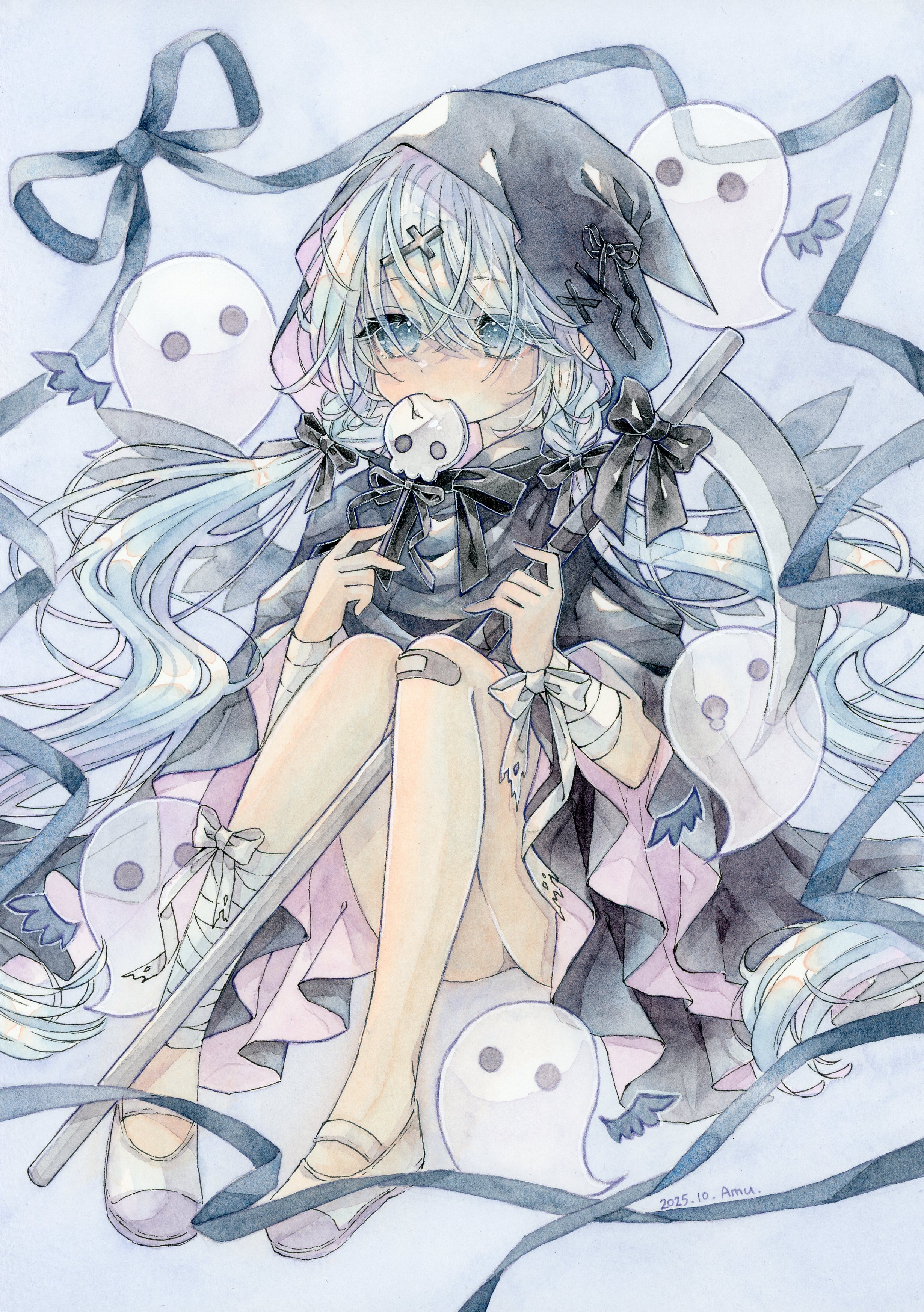 amu (m aa), death (entity), grim reaper, original, absurdres, highres, painting (medium), traditional media, watercolor (medium), 1girl, artist name, bandaged arm, bandaged leg, bandages, bandaid, bandaid on knee, bandaid on leg, black dress, black ribbon, blue eyes, blue hair, blue ribbon, candy, dated, dot nose, dress, food, full body, ghost, halloween, holding, holding candy, holding food, holding lollipop, loafers, lollipop, ribbon, shinigami, shoes, sickle, signature, sitting, skull-shaped food, solo, thighs, twintails, white shoes, wings