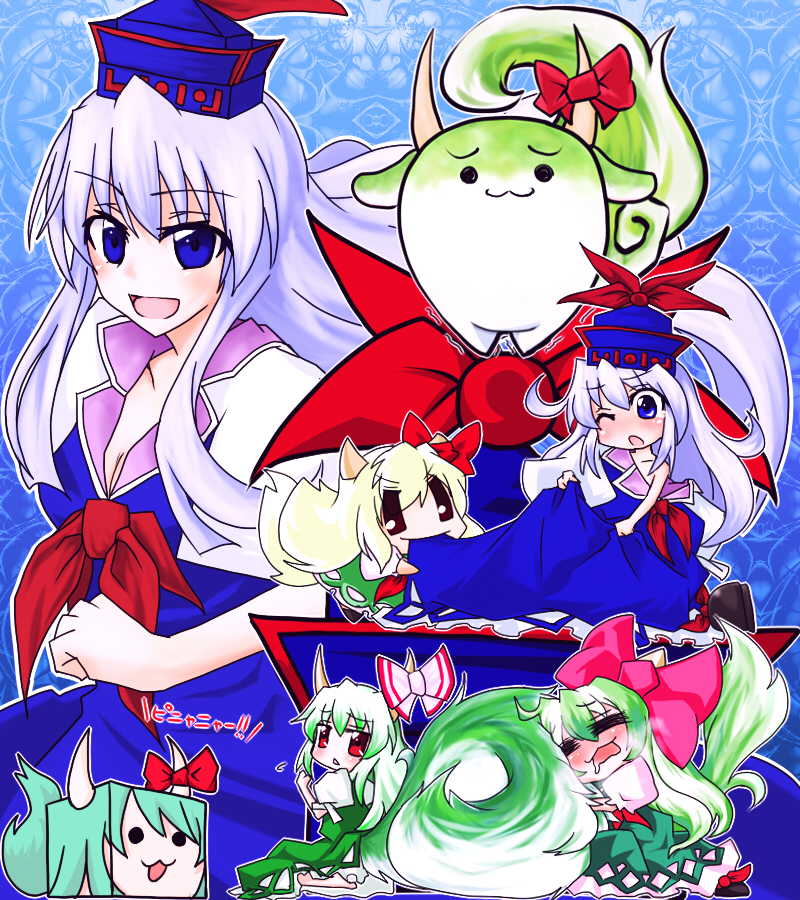 netachou, ex-keine, kamishirasawa keine, kamishirasawa keine (hakutaku), sukusuku hakutaku, touhou, 4girls, :3, chibi, female focus, multiple girls, multiple persona, smile