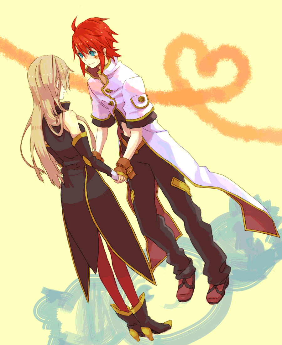 shinono, luke fon fabre, tear grants, tales of (series), tales of the abyss, 00s, 1boy, 1girl, blue eyes, brown hair, couple, gloves, heart, heart of string, hetero, long hair, smile