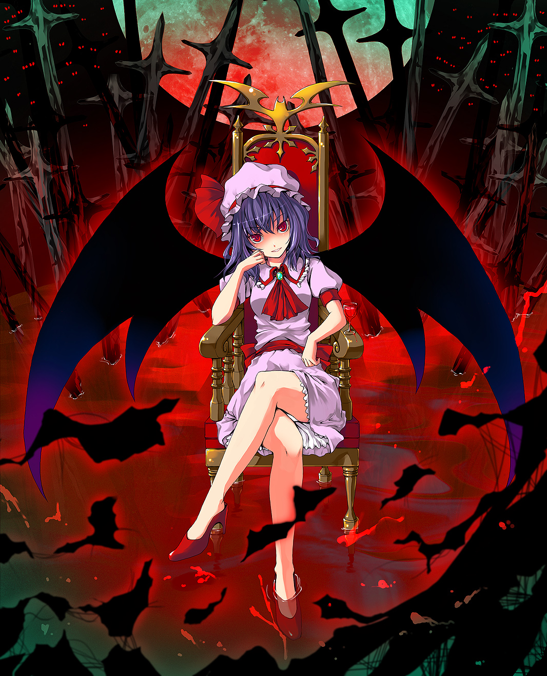 unasaka ryou, remilia scarlet, touhou, highres, 1girl, chair, crossed legs, dress, female focus, full body, high heels, legs, moon, shoes, sitting, soaking feet, solo, throne, water