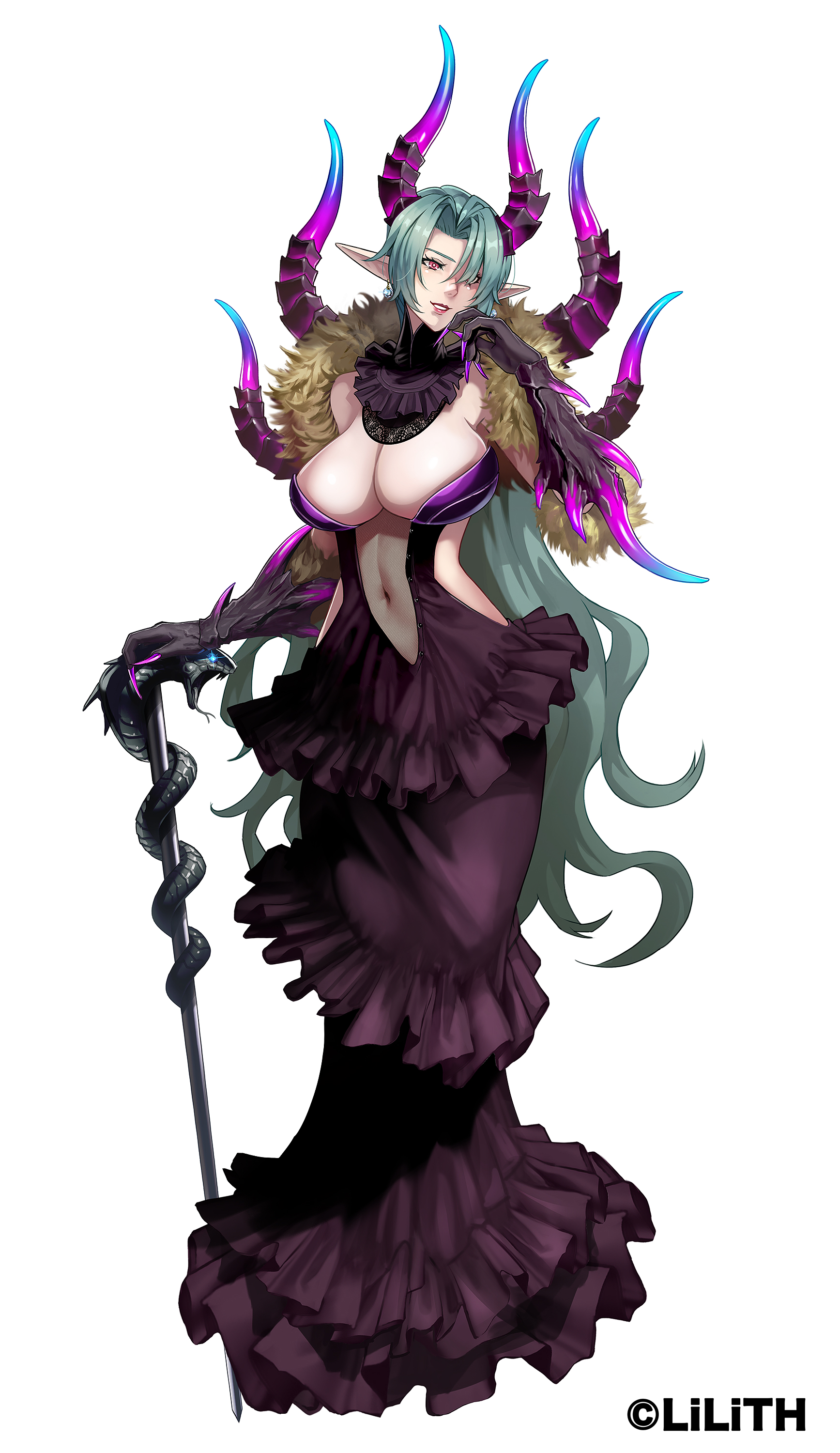 hanekura bou, taimanin (series), taimanin rpgx, absurdres, highres, official art, 1girl, black dress, breasts, cane, cleavage, copyright notice, demon girl, demon horns, dress, earrings, ereshkigal (taimanin rpgx), fingernails, full body, fur trim, green hair, hair over one eye, holding, holding cane, horns, jewelry, large breasts, long fingernails, long hair, navel, orange eyes, pink nails, pointy ears, simple background, solo, white background