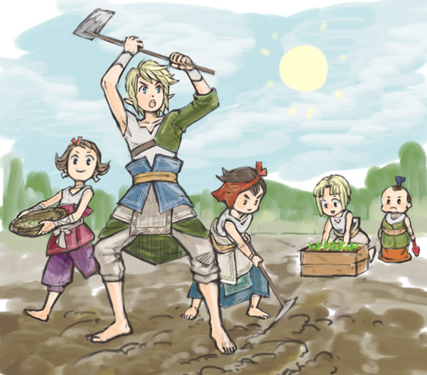 hakobe (ichiru), beth (zelda), colin, link, malo, talo, nintendo, the legend of zelda, the legend of zelda: twilight princess, bad id, bad pixiv id, 2girls, 3boys, barefoot, blonde hair, blue eyes, brown hair, multiple boys, multiple girls, pointy ears, smile