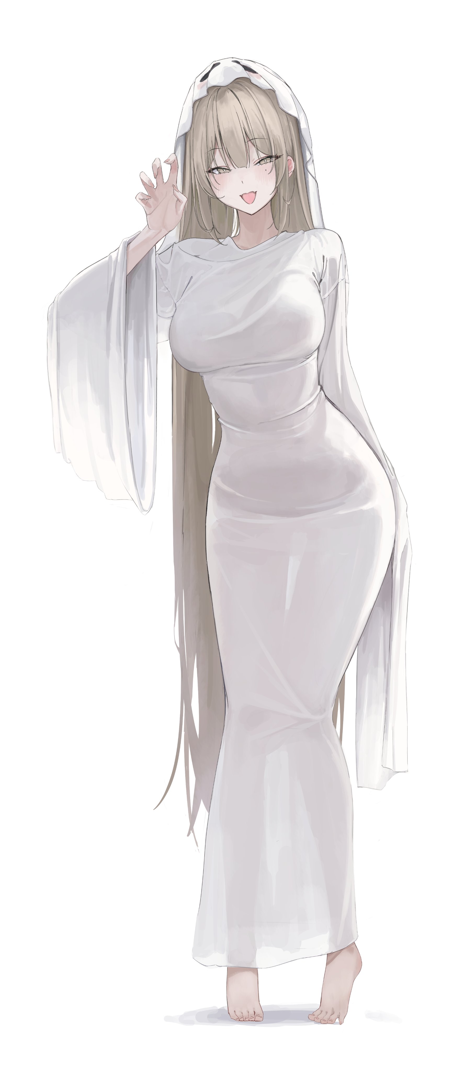 laneigu, yuzu (laneigu), original, absurdres, highres, 1girl, barefoot, blonde hair, breasts, claw pose, dress, full body, ghost costume, large breasts, long hair, long sleeves, looking at viewer, mole, mole under eye, open mouth, see-through clothes, simple background, solo, very long sleeves, white background, white dress, yellow eyes