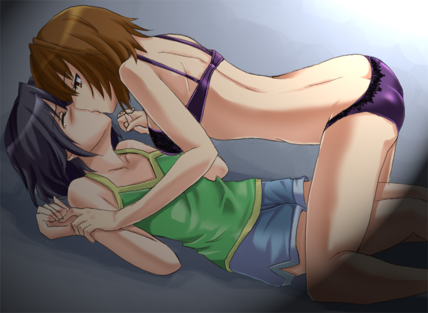 ayase aria, original, 2girls, ass, black hair, blue hair, blush, bra, brown eyes, brown hair, butt crack, closed eyes, girl on top, holding another's wrist, holding hands, kiss, lingerie, multiple girls, panties, purple bra, purple panties, rape, serious, short hair, tears, underwear, underwear only, wince, yuri