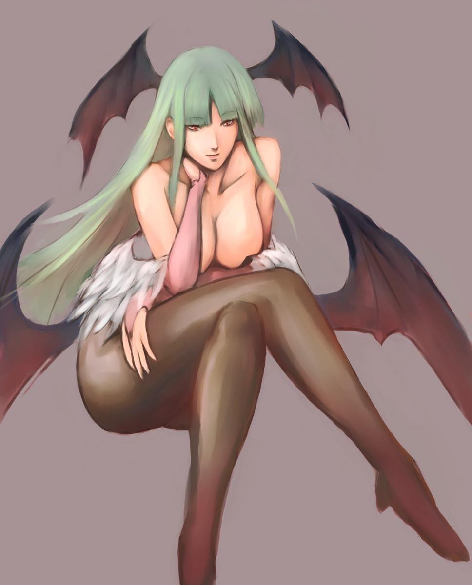 furubokko, morrigan aensland, capcom, darkstalkers, bad id, bad pixiv id, highres, 1girl, bare shoulders, bat wings, breasts, cleavage, crossed legs, demon girl, elbow gloves, female focus, gloves, green hair, head wings, large breasts, legs, long hair, long legs, pantyhose, red eyes, simple background, sitting, solo, thighs, wings