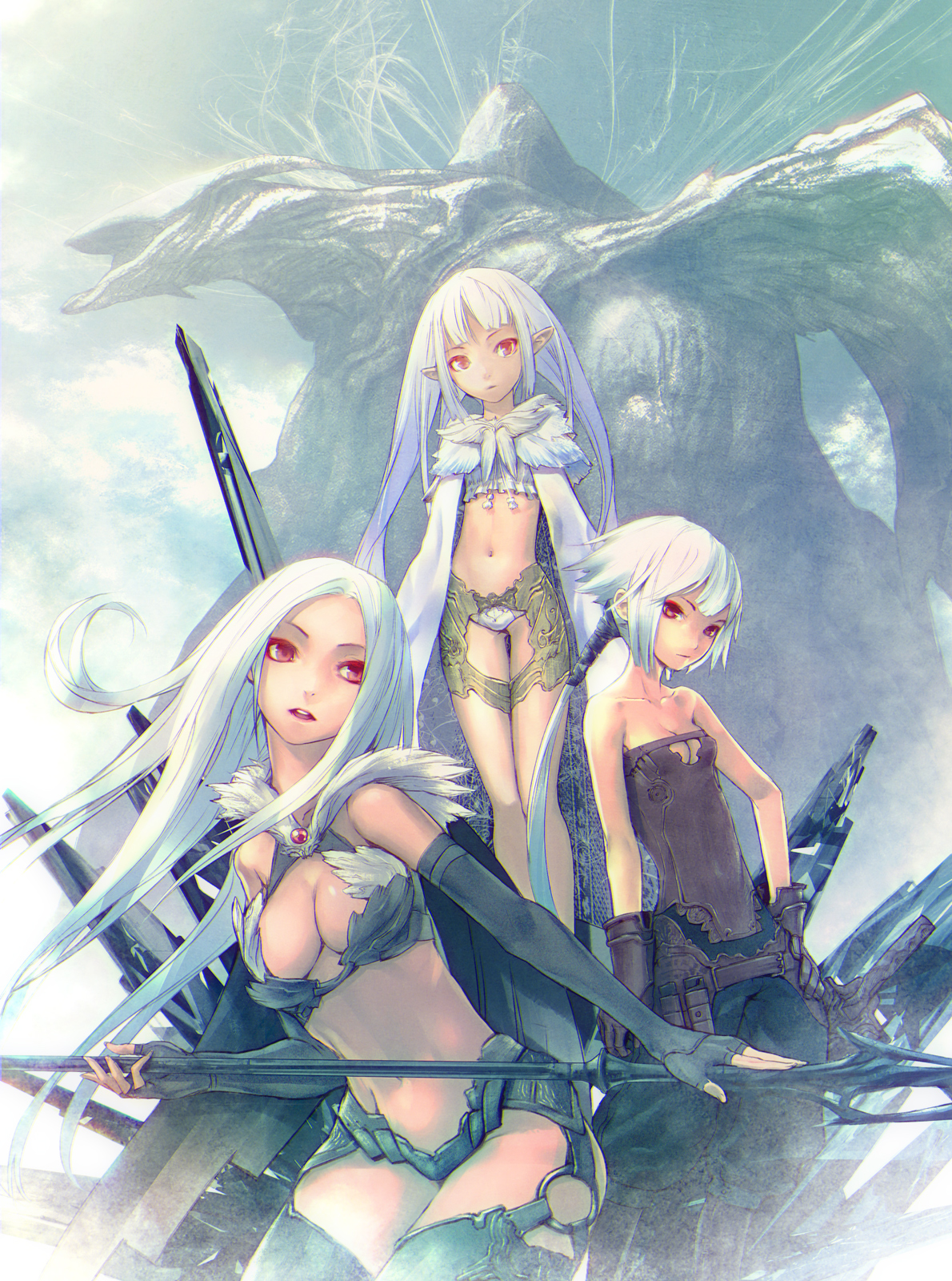 redjuice, pixiv fantasia, pixiv fantasia 3, highres, 3girls, age difference, albino, armor, bare shoulders, breasts, child, cleavage, elbow gloves, elf, flat chest, gigandal federation, gloves, large breasts, long hair, multiple girls, pointy ears, polearm, red eyes, red hair, short hair, spear, weapon, white hair