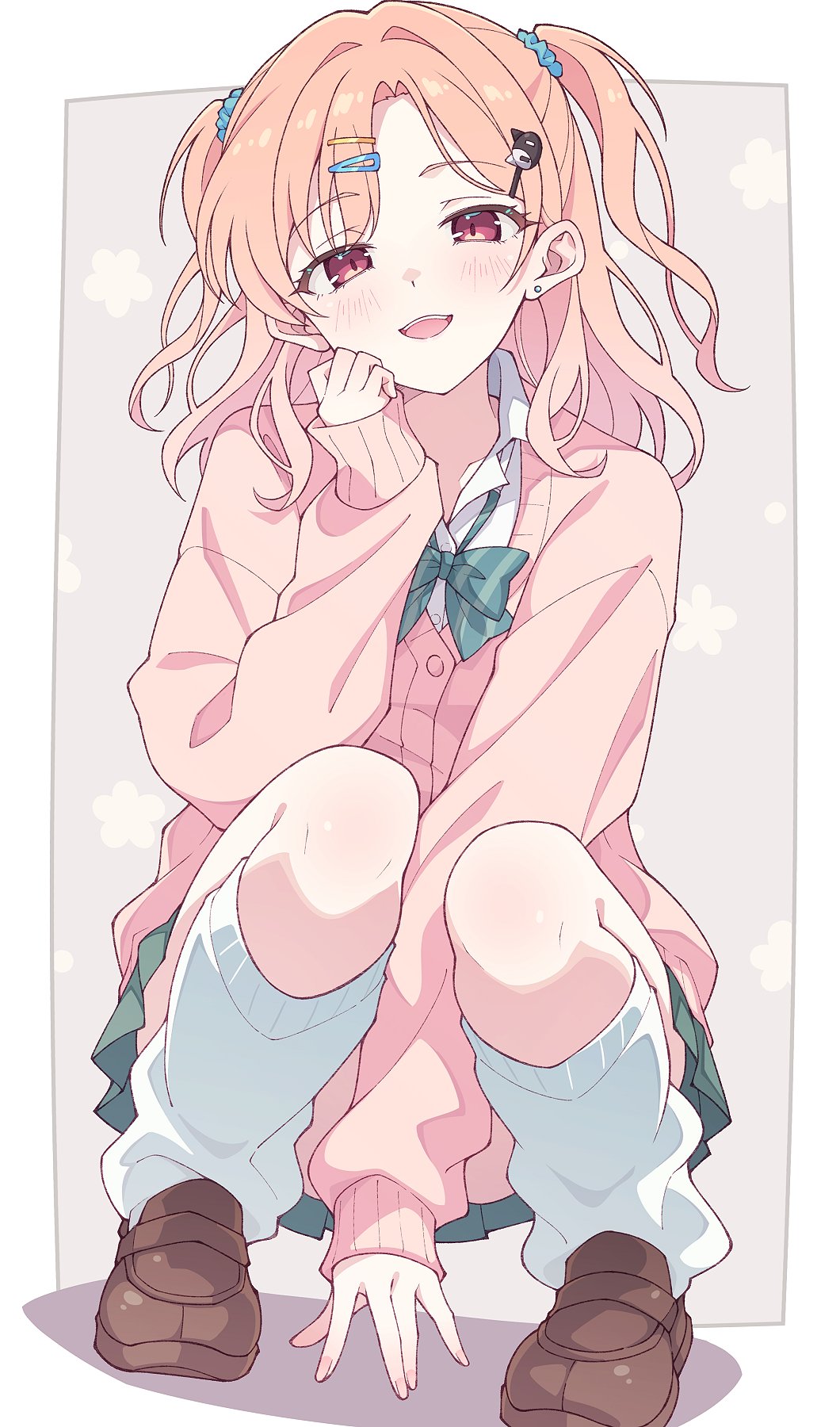 e20, hiromachi nanami, bang dream!, commentary, highres, 1girl, blue necktie, border, brown hair, brown shoes, cardigan, diagonal-striped clothes, diagonal-striped necktie, green skirt, gyaru, hair ornament, hairclip, leg warmers, loafers, long hair, necktie, open mouth, outside border, pink cardigan, pleated skirt, red eyes, shirt, shoes, skirt, sleeves past wrists, solo, squatting, striped clothes, teeth, two side up, upper teeth only, white border, white leg warmers, white shirt