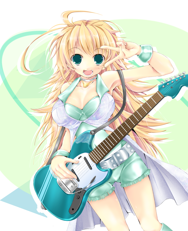 kudou takashi, kuon itsuki, hoshii miki, idolmaster, idolmaster (classic), idolmaster 1, bad id, bad pixiv id, 00s, 1girl, ahoge, belt, blonde hair, breasts, cleavage, cool & sexy (idolmaster), female focus, green eyes, guitar, huge breasts, instrument, long hair, shorts, solo, v, v over eye