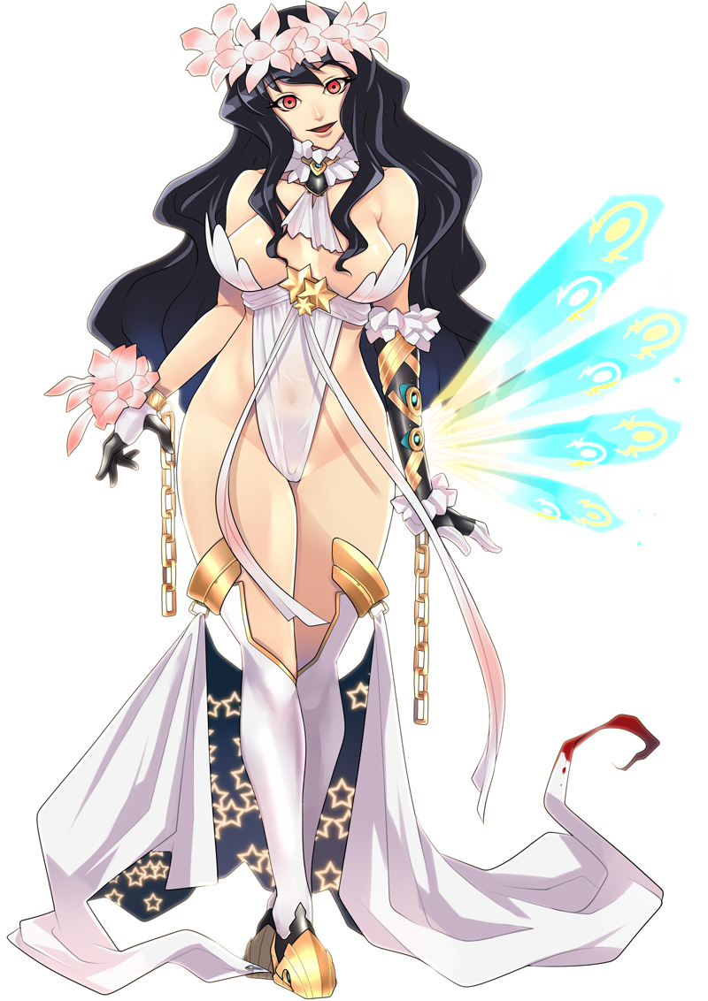 ban! (bansankan), hera (mythology), greek mythology, original, yujie shenji, bad id, bad pixiv id, 1girl, black hair, blood on clothes, breasts, chain, cleavage, dress, flower, highleg, large breasts, long hair, red eyes, revealing clothes, see-through clothes, thighhighs