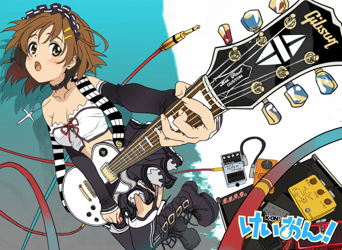 inumaroboya, inumaru (sougen no marogoya), hirasawa yui, gibson, k-on!, striped, 00s, 1girl, :o, amplifier, artistic error, audio jack, bare shoulders, black thighhighs, blush, boots, brown eyes, brown hair, cable, collar, dutch angle, effects pedal, elbow gloves, electric guitar, female focus, foreshortening, frills, garter belt, gibson les paul, gloves, gothic lolita, guitar, hair ornament, hairclip, instrument, jumping, lolita fashion, midriff, miniskirt, ribbon, short hair, skirt, solo, thighhighs, zettai ryouiki