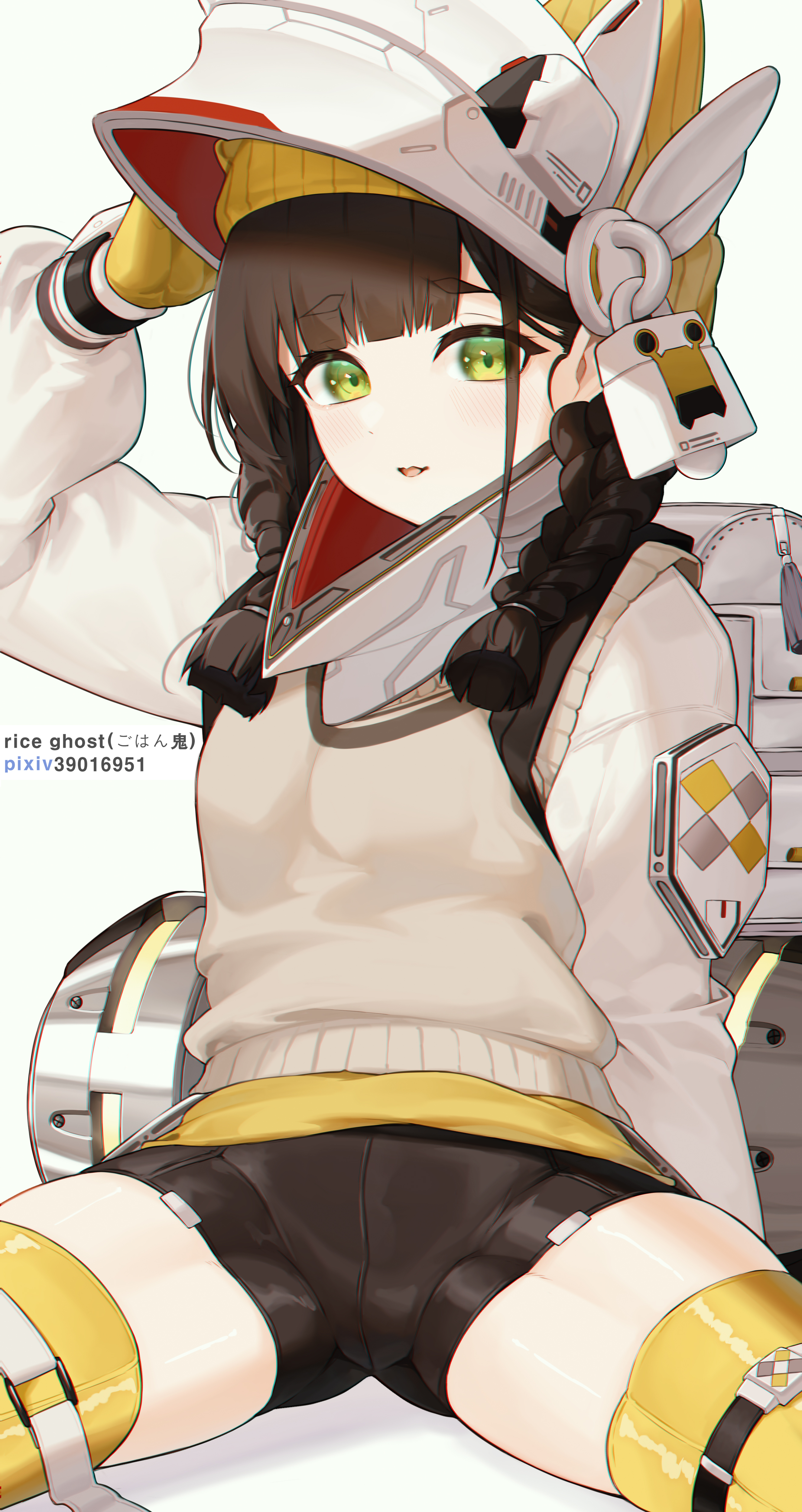 rice ghost, chime (nikke), goddess of victory: nikke, absurdres, highres, 1girl, animal hat, backpack, bag, black shorts, blush, braid, brown hair, cat hat, gloves, green eyes, hat, helmet, jacket, long hair, long sleeves, looking at viewer, short eyebrows, short shorts, shorts, solo, spread legs, sweater vest, thick eyebrows, thick thighs, thighhighs, thighs, twin braids, white background, white jacket, yellow gloves, yellow hat, yellow thighhighs