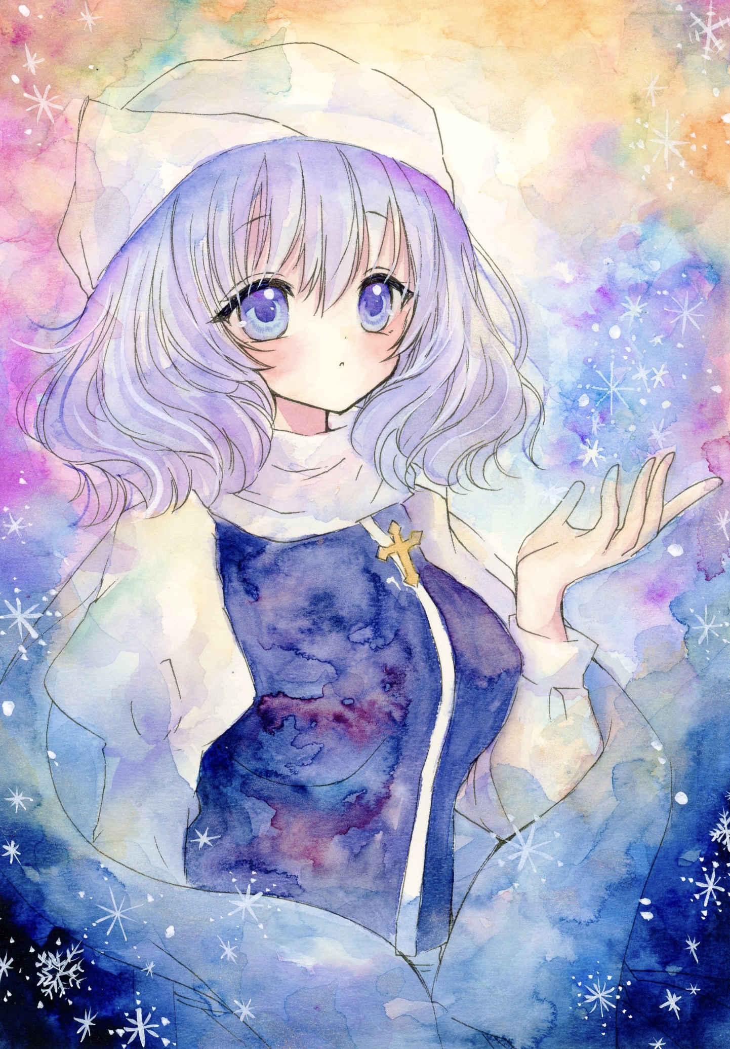 yuuki hana (jtnp5334), letty whiterock, touhou, commentary, highres, painting (medium), traditional media, watercolor (medium), 1girl, blue eyes, blue hair, blue vest, blush, breasts, colorful background, hat, juliet sleeves, long sleeves, looking at object, medium breasts, medium hair, one-hour drawing challenge, puffy sleeves, scarf, shirt, snowflakes, solo, upper body, vest, white hat, white scarf, white shirt