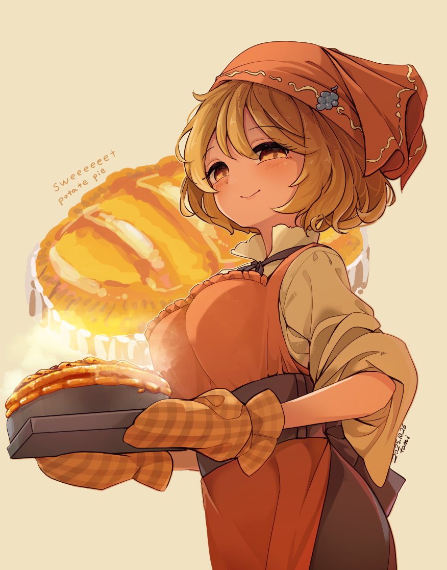 tami (joemanyodw), aki minoriko, touhou, 1girl, apron, artist name, black ribbon, boots, breasts, brown boots, brown shirt, brown skirt, closed mouth, cowboy shot, dated, food, headscarf, holding, holding tray, long sleeves, looking at viewer, medium breasts, neck ribbon, orange apron, orange headscarf, oven mitts, pie, ribbon, shirt, short hair, skirt, smile, solo, tray, yellow eyes